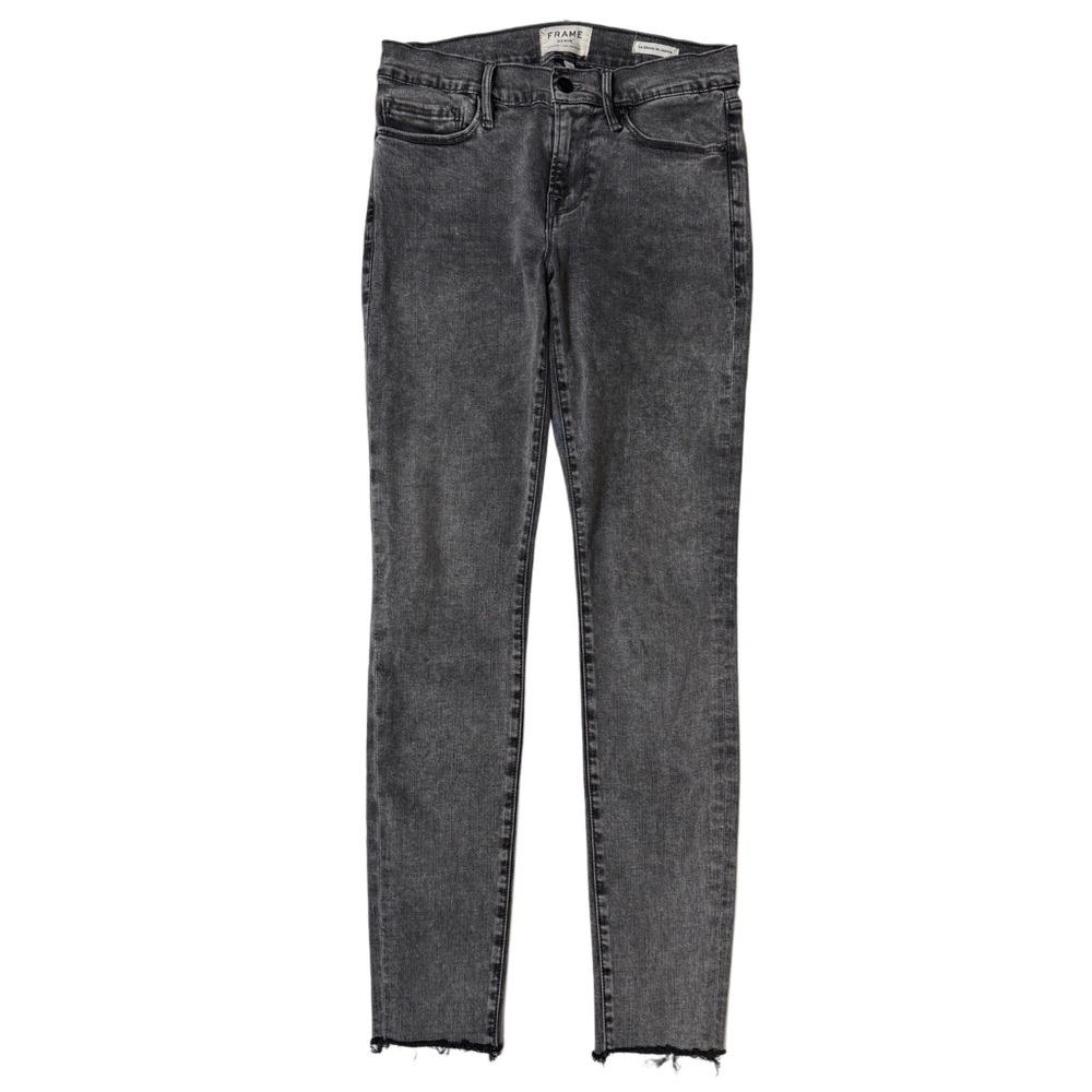 {Frame} "Le Skinny de Jeanne" Charcoal Gray Raw Hem Stretch Denim Jeans